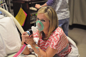 Kathleen Kay, a patient at Bon Secours St. Mary's Hospital, using nitrous oxideduring her labor. Photo courtesy Free Agents Marketing