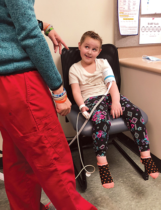 Sawyer and her mom Jamie travel to St. Jude Children’s Research Hospital in Memphis every six weeks for brain scans and treatment for stage III anaplastic ependymoma.